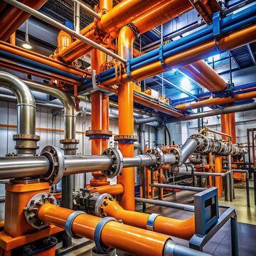 Industrial machinery and piping in a factory environment, generated by AI