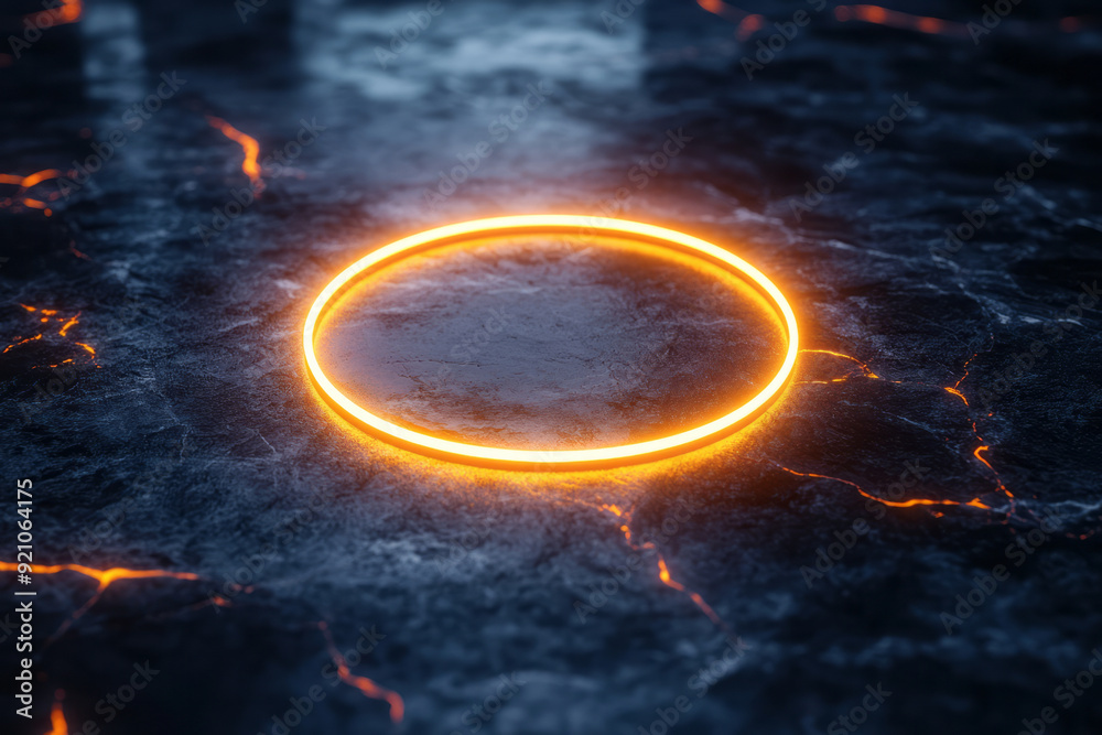 Poster a neon ring with a soft, white glow, reflecting gently on a dark, marble-like surface with subtle ve