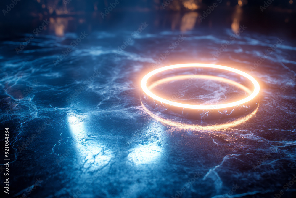 Poster a neon ring with a soft, white glow, reflecting gently on a dark, marble-like surface with subtle ve