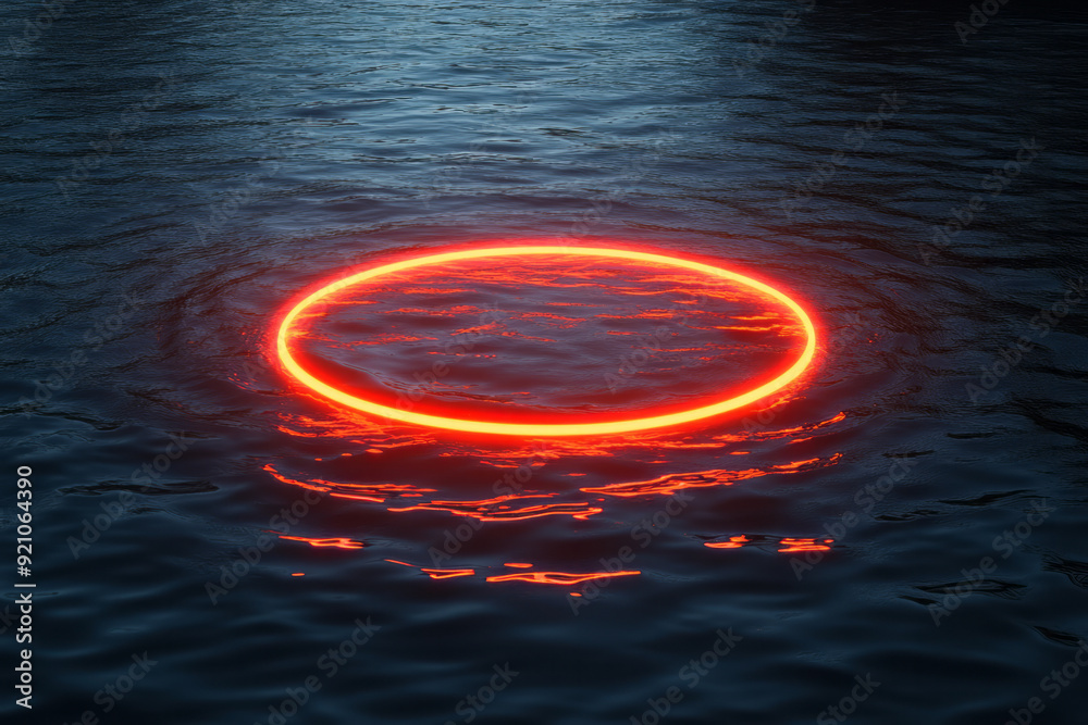 Aufkleber a vibrant red neon ring floating above a dark, water-like surface, with ripples subtly distorting it