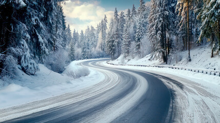 In winter, the roads are covered with a large amount of snow that has fallen and covered the roads.