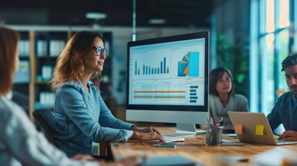 Financial computer screen project statistics or report, woman coaching interested business people, giving educational workshop presentation in office, employees listening to professional mentor