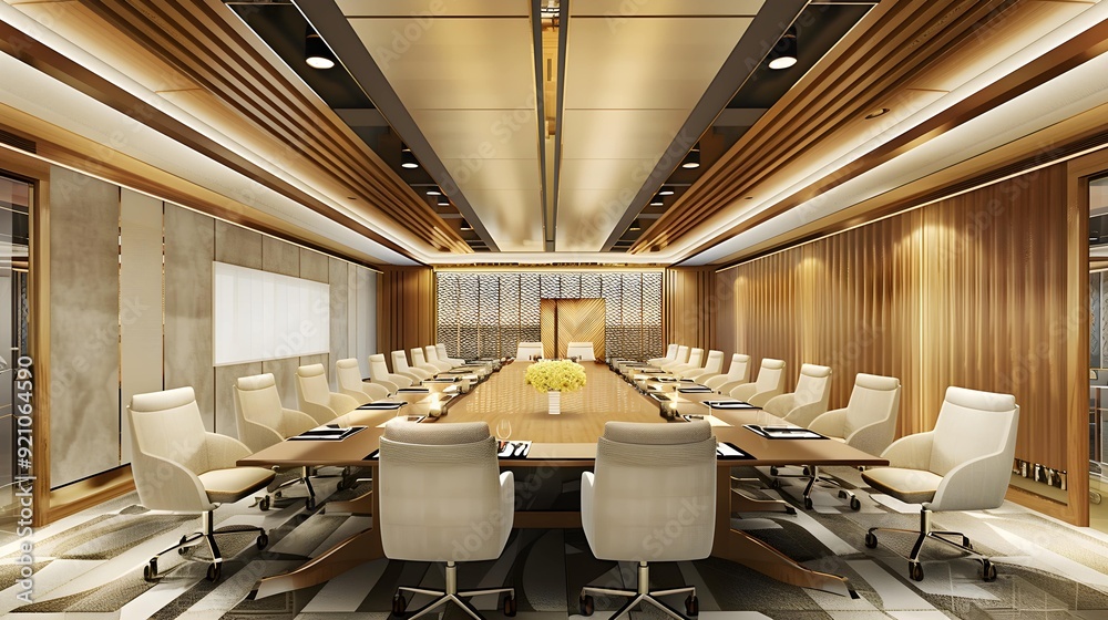 Wall mural A large conference room with a long table and chairs