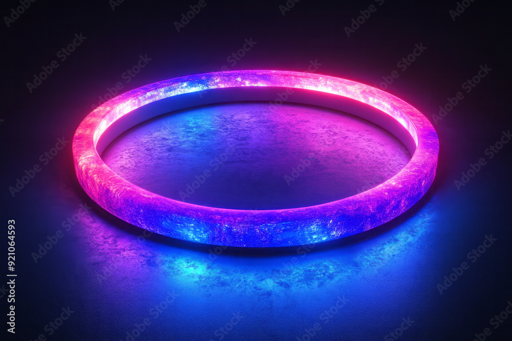 Aufkleber a neon ring glowing in a gradient of blue to purple, casting a mesmerizing reflection on a deep blac