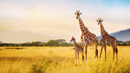 Obraz premium アフリカ「サバンナ」の草原で聞いきる「キリン」の親子