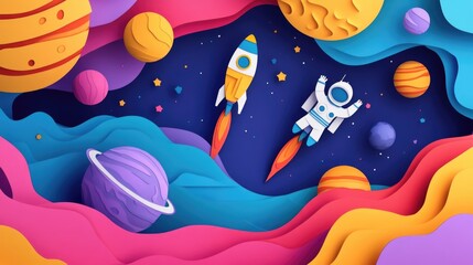 Colorful 3D Whimsical Space Exploration in Paper Cut Style
