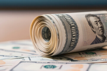 Rolled bundle of cash resting on a spread of banknotes symbolizes wealth, investment opportunities, and economic power, conveying financial aspirations and transactions.