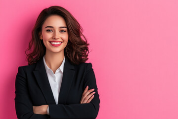 Fototapeta premium Confident professional woman smiling in a fitted blazer against a vibrant pink backdrop, exuding positivity and approachability in a modern business environment.