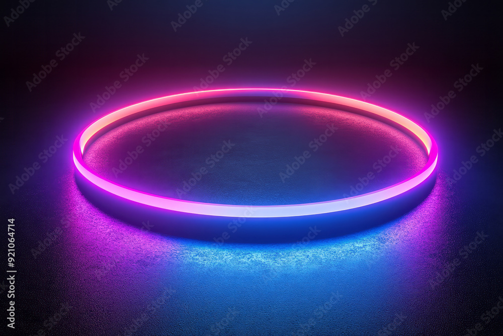 Poster a neon ring glowing in a gradient of blue to purple, casting a mesmerizing reflection on a deep blac