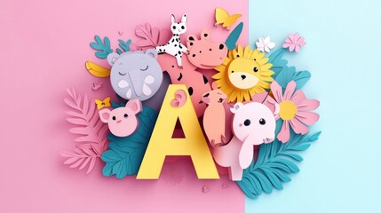 Naklejka premium Letter A: Paper cut style illustration, colorful 3D whimsical, text 