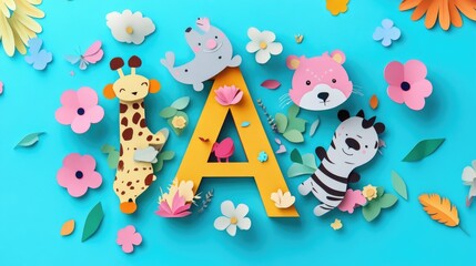 Obraz premium Letter A: Paper cut style illustration, colorful 3D whimsical, text 