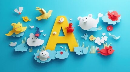 Naklejka premium Letter A: Paper cut style illustration, colorful 3D whimsical, text 