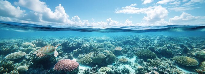 Sea Turtle Swimming Through Coral Reef with Blue Sky and Clouds Above
