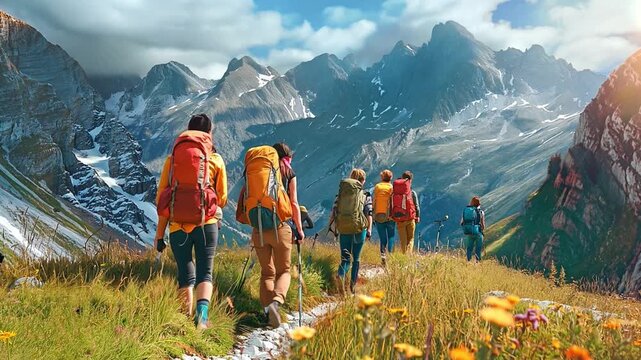 assemblage of youth travellers with bulky bags Walking in a row, ascending a mountain, and trekking in the outdoors