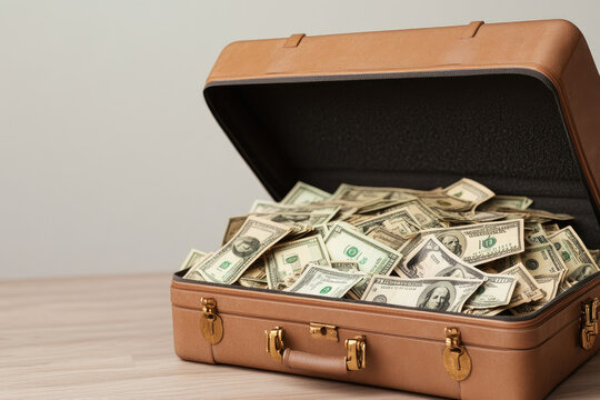 Abundance Unlocked, a brown suitcase overflowing with neatly stacked dollar bills, symbolizes wealth and the allure of hidden riches in a minimalist setting.