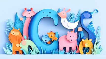Letter C: Paper cut style illustration, colorful 3D whimsical, text "C" made of cute animals