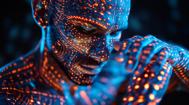 Portrait of man with neon light glowing tattoos art on face and body
