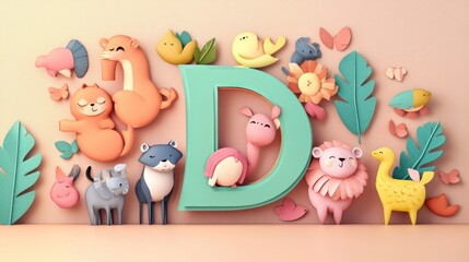 Fototapeta premium Letter D: Paper cut style illustration, colorful 3D whimsical, text 