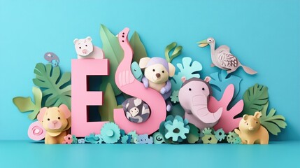 Fototapeta premium Letter E: Paper cut style illustration, colorful 3D whimsical, text 