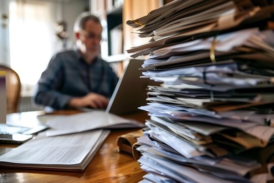 A man is sitting at a desk with a laptop and a stack of papers