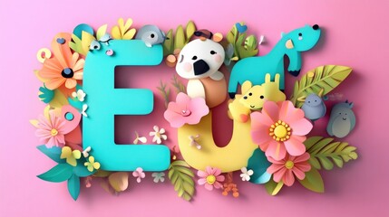 Letter E: Paper cut style illustration, colorful 3D whimsical, text "E" made of cute animals