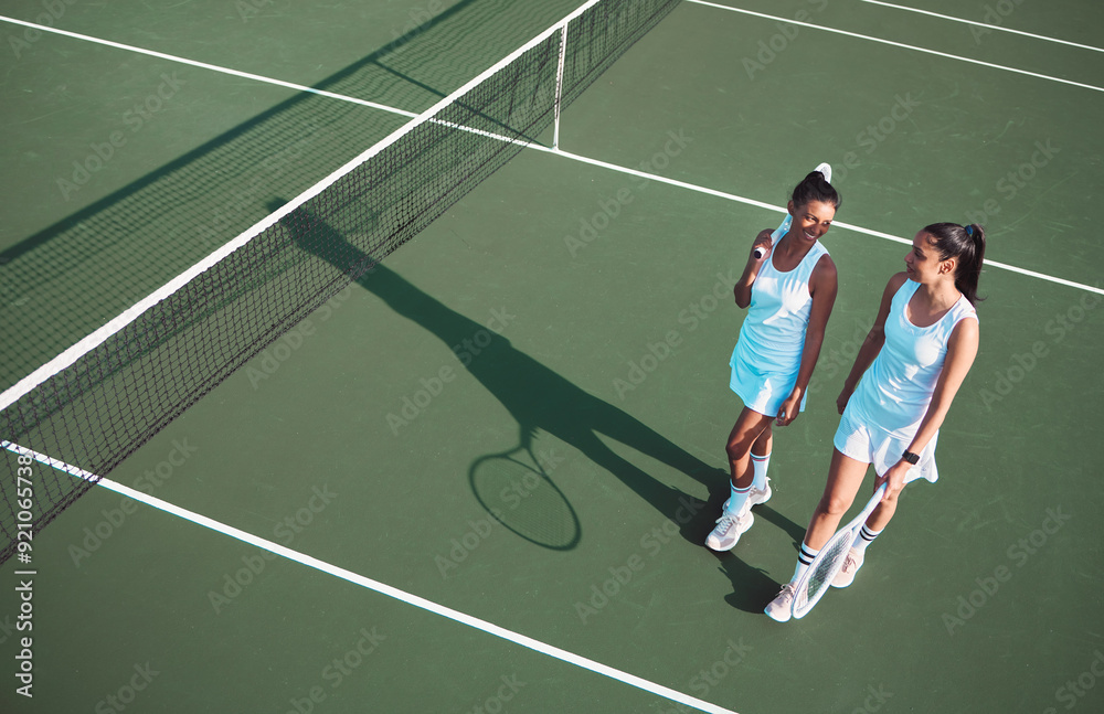 Canvas Prints Tennis, friends and women on court for training, tournament match and game. International athlete, fitness and happy people with racket for exercise and workout for practice, event and competition