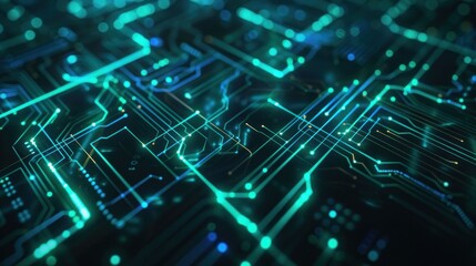 Obraz premium Abstract technology background with glowing circuit lines and nodes in blue and green hues