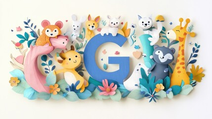 Obraz premium Letter G: Paper cut style illustration, colorful 3D whimsical, text 