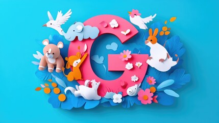 Letter G: Paper cut style illustration, colorful 3D whimsical, text "G" made of cute animals