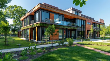 Fototapeta premium An innovative green building project, incorporating sustainable materials and energy-efficient systems, highlighting the future of eco-friendly construction