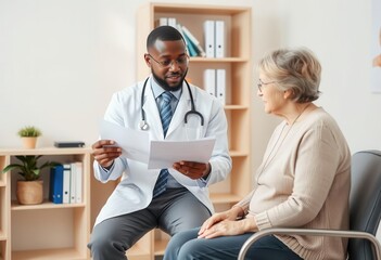 Obraz premium Doctor discusses medical report with elderly patient in a healthcare office during daylight