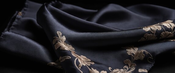 A luxurious embroidered silk fabric, perfect for elegant fashion accessories or upscale decor, exuding sophistication and style.