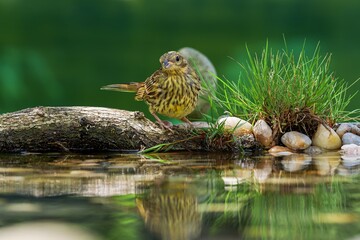 Young Yellowhammer (Emberiza citrinella) stands on a stick near the grass and stones by the water. Czech Republic. 