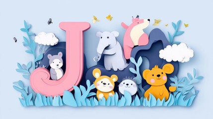 Naklejka premium Letter J: Paper cut style illustration, colorful 3D whimsical, text 