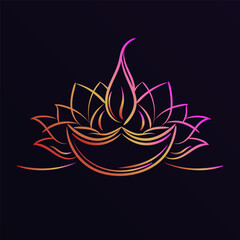 Linear illustration of Diya (Divaa) and Lotus flower (water lily) or dark background. Hand drawn outline traditional Indian oil lamp with Nelumbo nucifera flower in red, yellow and purple neon colors