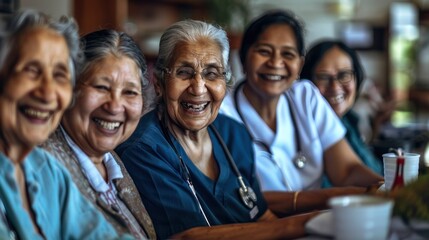 Fototapeta premium Group portrait of happy and smiling elderly patients with nurse, sitting at table in a senior care home. Joy and companionship shared between caregivers and seniors in a nurturing environment.