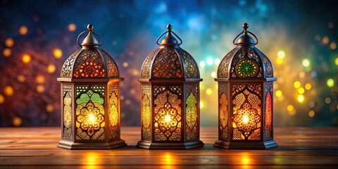 Obraz premium of decorative Ramadan lanterns in a set of three , Ramadan, lantern, decorative,, design, Arabic, Muslim