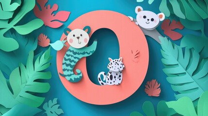 Letter O: Paper cut style illustration, colorful 3D whimsical, text "O" made of cute animals