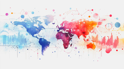 watercolor of Abstract with pastel colorful charts and graphs with statistics to analyze business potential and forecast future development of companies growth. with word map.