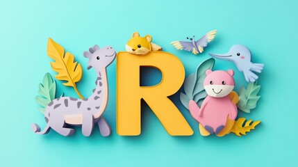 Obraz premium Letter R: Paper cut style illustration, colorful 3D whimsical, text 