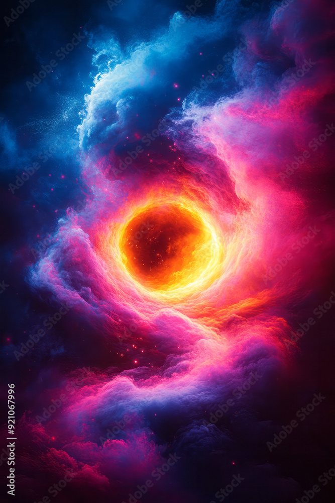 Poster A vibrant neon circular pattern with alternating cyan and magenta rings, creating a pulsating glow against a dark background,