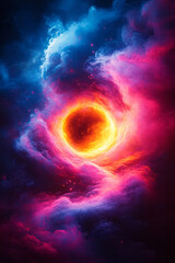 A vibrant neon circular pattern with alternating cyan and magenta rings, creating a pulsating glow against a dark background,