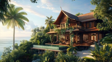 Obraz premium Luxury wooden villa with infinity pool overlooking ocean and lush tropical foliage.