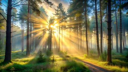 Obraz premium Golden Rays Illuminating a Fog-Shrouded Forest Generative AI