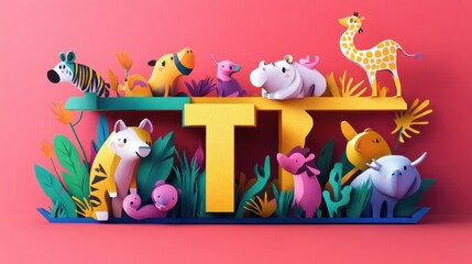 Obraz premium Letter T: Paper cut style illustration, colorful 3D whimsical, text 