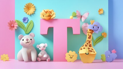 Obraz premium Letter T: Paper cut style illustration, colorful 3D whimsical, text 