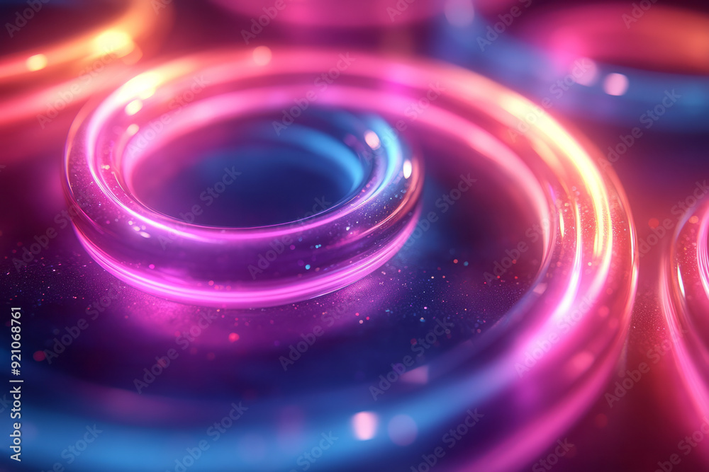Poster a series of neon cyan and magenta rings, layered in a dynamic, abstract composition that seems to vi