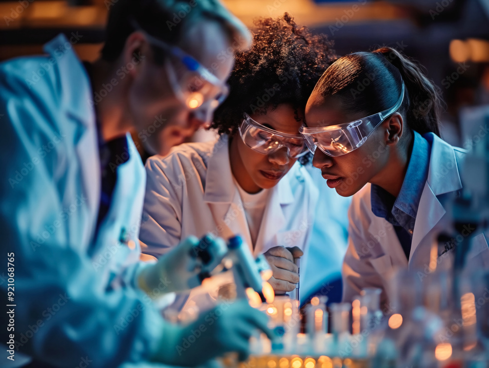 Wall mural a group of scientists are working together in a lab, with one of them holding a test tube. scene is 