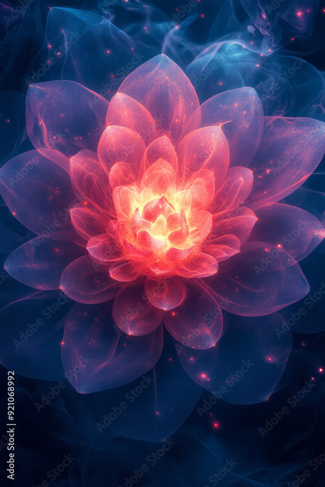 Poster a pattern of neon cyan and magenta circles radiating from a central point, creating a striking, glow