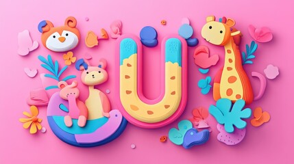 Obraz premium Letter U: Paper cut style illustration, colorful 3D whimsical, text 